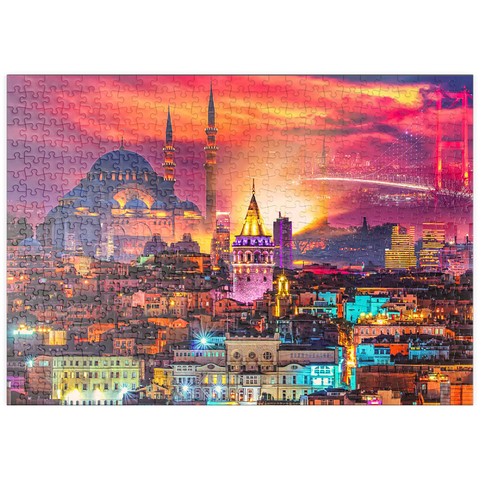puzzleplate Skyline von Istanbul, Galata-Turm, Süleymaniye-Moschee (Osmanische Kaisermoschee) und Bosporus-Brücke "15. Juli Märtyrer-Brücke" (15 Temmuz Sehitler Koprusu), Istanbul / Türkei. 500 Puzzle