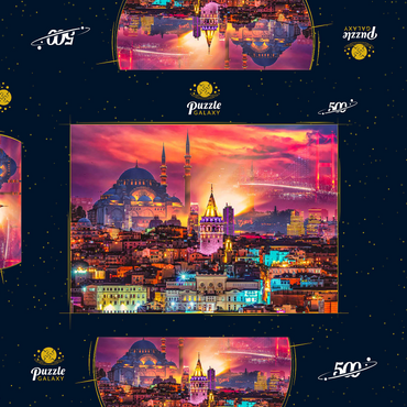 Skyline von Istanbul, Galata-Turm, Süleymaniye-Moschee (Osmanische Kaisermoschee) und Bosporus-Brücke 15. Juli Märtyrer-Brücke (15 Temmuz Sehitler Koprusu), Istanbul / Türkei. 500 Puzzle Schachtel 3D Modell