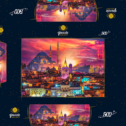 Skyline von Istanbul, Galata-Turm, Süleymaniye-Moschee (Osmanische Kaisermoschee) und Bosporus-Brücke "15. Juli Märtyrer-Brücke" (15 Temmuz Sehitler Koprusu), Istanbul / Türkei. 500 Puzzle Schachtel 3D Modell