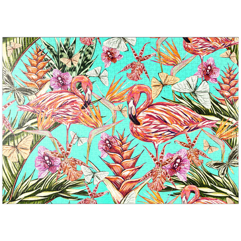 puzzleplate Schöner Vintage nahtloser floraler Dschungelmuster Hintergrund. Farbige tropische Blumen, Palmenblätter und Pflanzen, Schmetterlinge, Paradiesvögel mit rosafarbenen Flamingos, exotische Drucke 1000 Puzzle