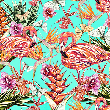 Schöner Vintage nahtloser floraler Dschungelmuster Hintergrund. Farbige tropische Blumen, Palmenblätter und Pflanzen, Schmetterlinge, Paradiesvögel mit rosafarbenen Flamingos, exotische Drucke 1000 Puzzle 3D Modell