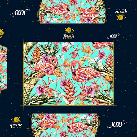 Schöner Vintage nahtloser floraler Dschungelmuster Hintergrund. Farbige tropische Blumen, Palmenblätter und Pflanzen, Schmetterlinge, Paradiesvögel mit rosafarbenen Flamingos, exotische Drucke 1000 Puzzle Schachtel 3D Modell