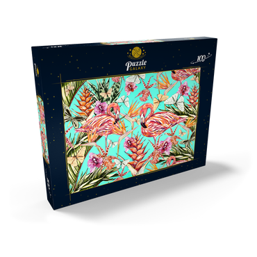 Schöner Vintage nahtloser floraler Dschungelmuster Hintergrund. Farbige tropische Blumen, Palmenblätter und Pflanzen, Schmetterlinge, Paradiesvögel mit rosafarbenen Flamingos, exotische Drucke 100 Puzzle Schachtel Ansicht2