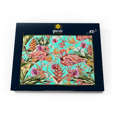 Schöner Vintage nahtloser floraler Dschungelmuster Hintergrund. Farbige tropische Blumen, Palmenblätter und Pflanzen, Schmetterlinge, Paradiesvögel mit rosafarbenen Flamingos, exotische Drucke 100 Puzzle Schachtel Ansicht3