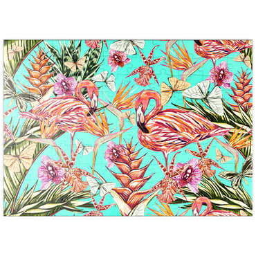 puzzleplate Schöner Vintage nahtloser floraler Dschungelmuster Hintergrund. Farbige tropische Blumen, Palmenblätter und Pflanzen, Schmetterlinge, Paradiesvögel mit rosafarbenen Flamingos, exotische Drucke 100 Puzzle