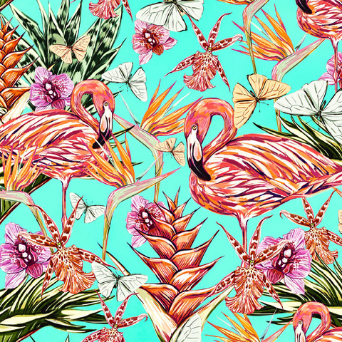 Schöner Vintage nahtloser floraler Dschungelmuster Hintergrund. Farbige tropische Blumen, Palmenblätter und Pflanzen, Schmetterlinge, Paradiesvögel mit rosafarbenen Flamingos, exotische Drucke 100 Puzzle 3D Modell