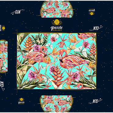 Schöner Vintage nahtloser floraler Dschungelmuster Hintergrund. Farbige tropische Blumen, Palmenblätter und Pflanzen, Schmetterlinge, Paradiesvögel mit rosafarbenen Flamingos, exotische Drucke 100 Puzzle Schachtel 3D Modell
