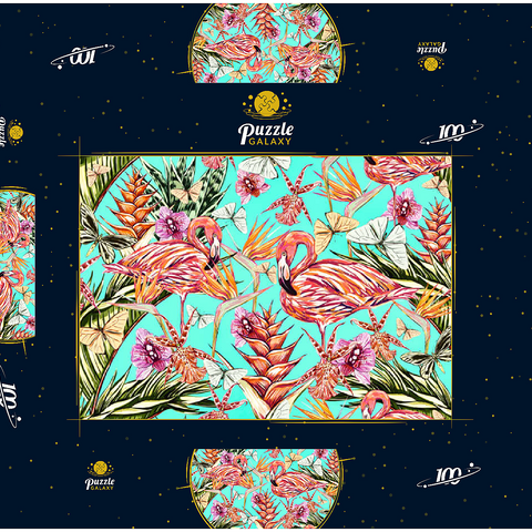 Schöner Vintage nahtloser floraler Dschungelmuster Hintergrund. Farbige tropische Blumen, Palmenblätter und Pflanzen, Schmetterlinge, Paradiesvögel mit rosafarbenen Flamingos, exotische Drucke 100 Puzzle Schachtel 3D Modell