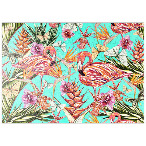 puzzleplate Schöner Vintage nahtloser floraler Dschungelmuster Hintergrund. Farbige tropische Blumen, Palmenblätter und Pflanzen, Schmetterlinge, Paradiesvögel mit rosafarbenen Flamingos, exotische Drucke 200 Puzzle