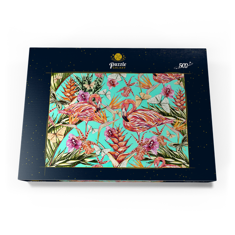 Schöner Vintage nahtloser floraler Dschungelmuster Hintergrund. Farbige tropische Blumen, Palmenblätter und Pflanzen, Schmetterlinge, Paradiesvögel mit rosafarbenen Flamingos, exotische Drucke 500 Puzzle Schachtel Ansicht3