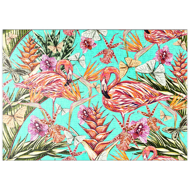 puzzleplate Schöner Vintage nahtloser floraler Dschungelmuster Hintergrund. Farbige tropische Blumen, Palmenblätter und Pflanzen, Schmetterlinge, Paradiesvögel mit rosafarbenen Flamingos, exotische Drucke 500 Puzzle