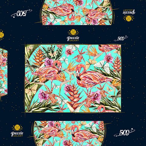 Schöner Vintage nahtloser floraler Dschungelmuster Hintergrund. Farbige tropische Blumen, Palmenblätter und Pflanzen, Schmetterlinge, Paradiesvögel mit rosafarbenen Flamingos, exotische Drucke 500 Puzzle Schachtel 3D Modell