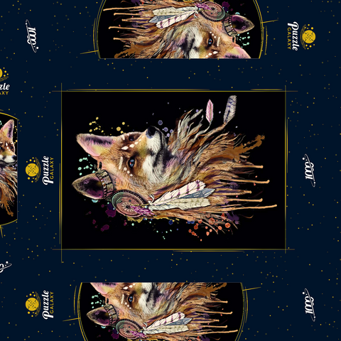 Aquarellfox-Illustration. Druck für Textilien und T-Shirts. Totem Native American Symbolismus. Tiermuster und Tätowierungsdesign. 1000 Puzzle Schachtel 3D Modell