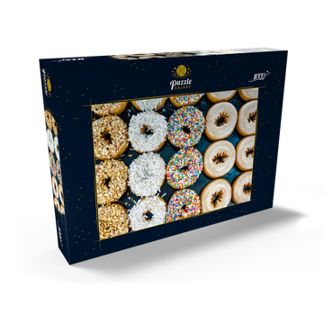 Frische Donuts mit verschiedenen Belägen aus der örtlichen Bäckerei. 1000 Puzzle Schachtel Ansicht2