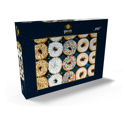 Frische Donuts mit verschiedenen Belägen aus der örtlichen Bäckerei. 1000 Puzzle Schachtel Ansicht2