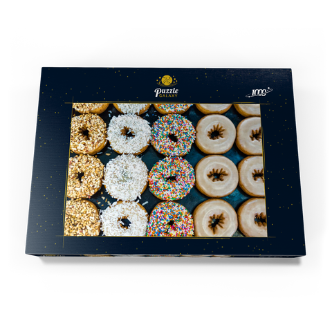 Frische Donuts mit verschiedenen Belägen aus der örtlichen Bäckerei. 1000 Puzzle Schachtel Ansicht3