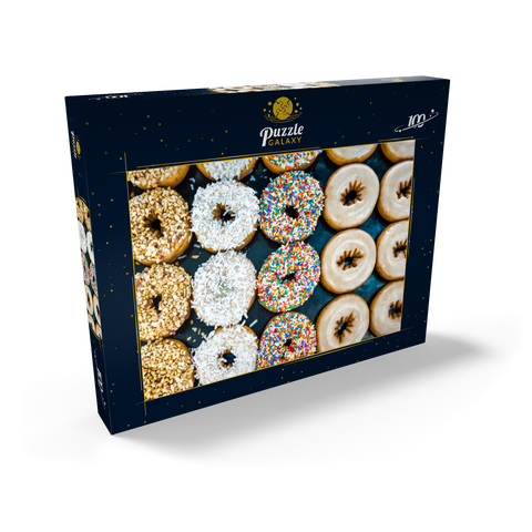 Frische Donuts mit verschiedenen Belägen aus der örtlichen Bäckerei. 100 Puzzle Schachtel Ansicht2