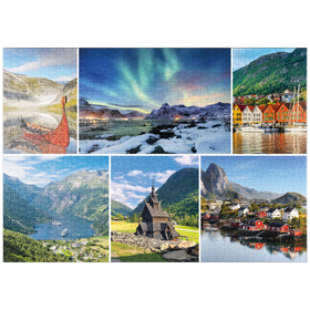 Darstellung des Puzzle Motivs Norwegen - Lofoten, Nordlichter und Geirangerfjord - Puzzleteile: 1000