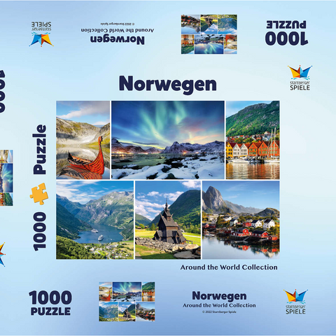 Norwegen - Lofoten, Nordlichter und Geirangerfjord 1000 Puzzle Schachtel 3D Modell