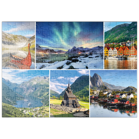 Darstellung des Puzzle Motivs Norwegen - Lofoten, Nordlichter und Geirangerfjord - Puzzleteile: 200