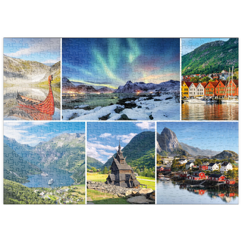puzzleplate Norwegen - Lofoten, Nordlichter und Geirangerfjord 500 Puzzle