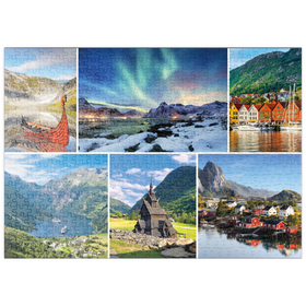 Darstellung des Puzzle Motivs Norwegen - Lofoten, Nordlichter und Geirangerfjord - Puzzleteile: 500