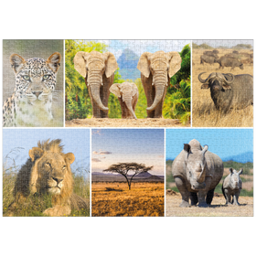 Darstellung des Puzzle-Motivs Afrika-Safari - Löwe, Elefant, Leopard, Nashorn, Büffel – Puzzleteile: 1000