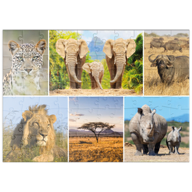Darstellung des Puzzle Motivs Afrika-Safari - Löwe, Elefant, Leopard, Nashorn, Büffel - Puzzleteile: 100
