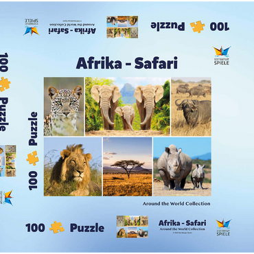 Afrika-Safari - Löwe, Elefant, Leopard, Nashorn, Büffel 100 Puzzle Schachtel 3D Modell