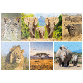 Darstellung des Puzzle-Motivs Afrika-Safari - Löwe, Elefant, Leopard, Nashorn, Büffel – Puzzleteile: 200