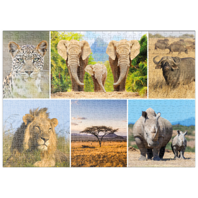 Darstellung des Puzzle-Motivs Afrika-Safari - Löwe, Elefant, Leopard, Nashorn, Büffel – Puzzleteile: 500