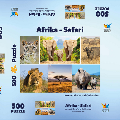 Afrika-Safari - Löwe, Elefant, Leopard, Nashorn, Büffel 500 Puzzle Schachtel 3D Modell