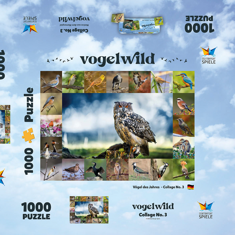 Vögel des Jahres - Collage Nr.3 - Hauptmotiv: Uhu 1000 Puzzle Schachtel 3D Modell