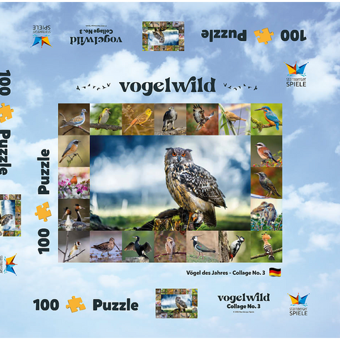 Vögel des Jahres - Collage Nr.3 - Hauptmotiv: Uhu 100 Puzzle Schachtel 3D Modell