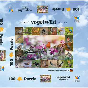 Vögel des Jahres - Collage Nr.4 - Hauptmotiv: Rotkehlchen 100 Puzzle Schachtel 3D Modell