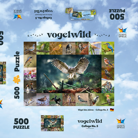 Vögel des Jahres - Collage Nr.5 - Hauptmotiv: Waldkauz 500 Puzzle Schachtel 3D Modell