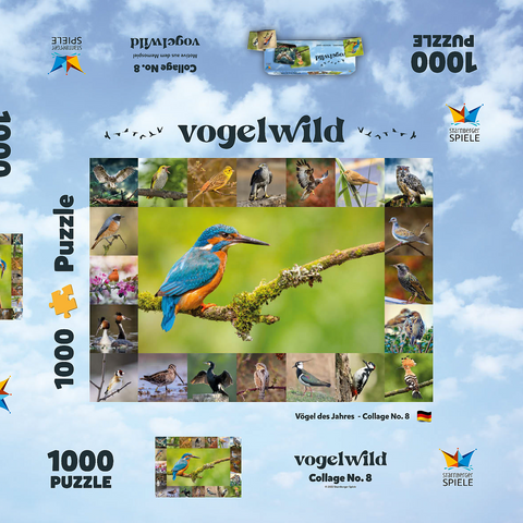 Vögel des Jahres - Collage Nr.8 Hauptmotiv: Eisvogel 1000 Puzzle Schachtel 3D Modell