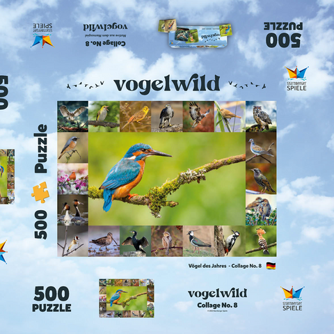 Vögel des Jahres - Collage Nr.8 Hauptmotiv: Eisvogel 500 Puzzle Schachtel 3D Modell