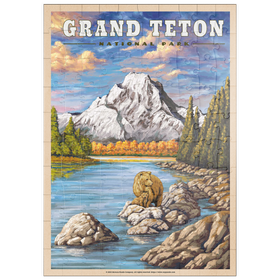Darstellung des Puzzle Motivs Grand Teton National Park - Grizzly Bear Hug, Vintage Travel Poster - Puzzleteile: 100