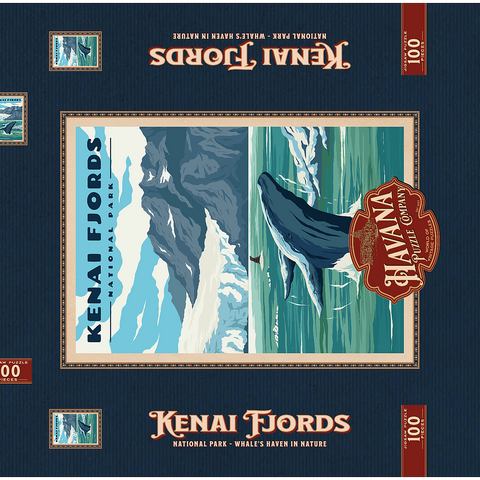 Kenai Fjords National Park - Whale's Haven in Nature, Vintage Travel Poster 100 Puzzle Schachtel 3D Modell