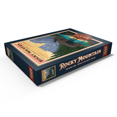 Rocky Mountain National Park - Moose in the Rocky Sunrise, Vintage Travel Poster 1000 Puzzle Schachtel Ansicht1