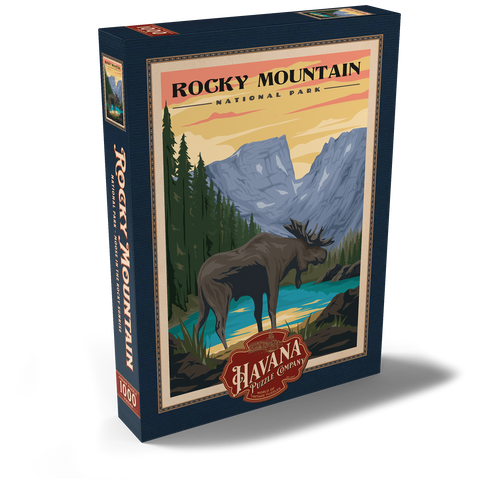 Rocky Mountain National Park - Moose in the Rocky Sunrise, Vintage Travel Poster 1000 Puzzle Schachtel Ansicht2