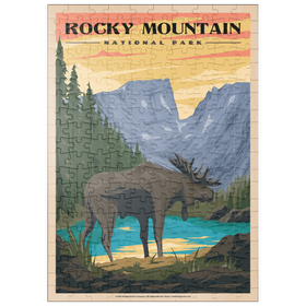 Darstellung des Puzzle-Motivs Rocky Mountain National Park - Moose in the Rocky Sunrise, Vintage Travel Poster – Puzzleteile: 200