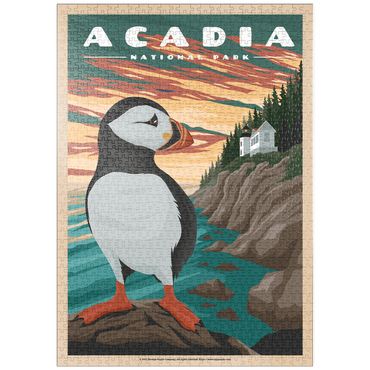 puzzleplate Acadia National Park - Bass Harbor Puffins, Vintage Travel Poster 1000 Puzzle