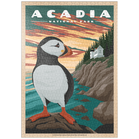 puzzleplate Acadia National Park - Bass Harbor Puffins, Vintage Travel Poster 1000 Puzzle