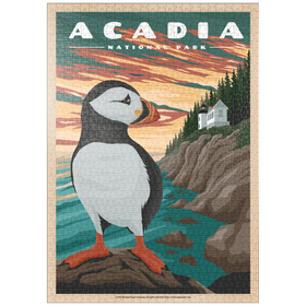 Darstellung des Puzzle Motivs Acadia National Park - Bass Harbor Puffins, Vintage Travel Poster - Puzzleteile: 1000