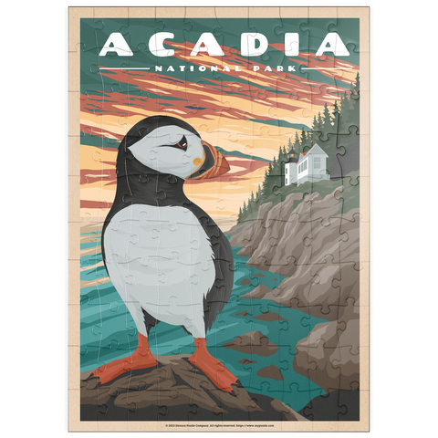 puzzleplate Acadia National Park - Bass Harbor Puffins, Vintage Travel Poster 100 Puzzle