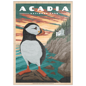 Darstellung des Puzzle Motivs Acadia National Park - Bass Harbor Puffins, Vintage Travel Poster - Puzzleteile: 100