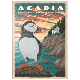 Darstellung des Puzzle-Motivs Acadia National Park - Bass Harbor Puffins, Vintage Travel Poster – Puzzleteile: 200