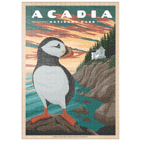 Darstellung des Puzzle-Motivs Acadia National Park - Bass Harbor Puffins, Vintage Travel Poster – Puzzleteile: 500